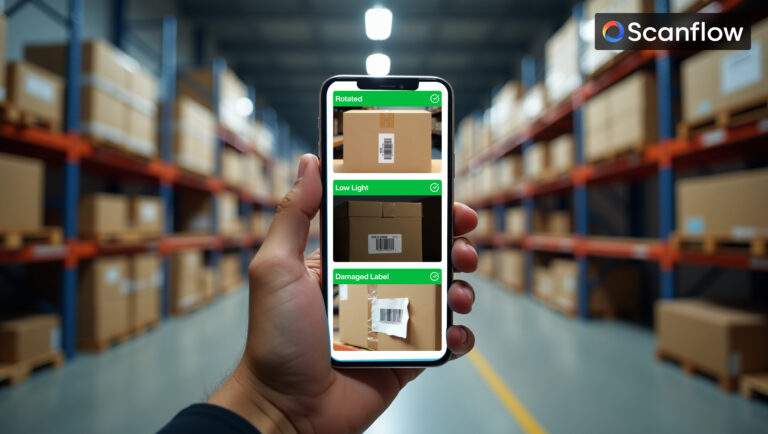 Smartphone scanning barcodes on packages in a warehouse, displaying successful detection of rotated, low-light, and damaged labels using Scanflow AI Asset Identification.