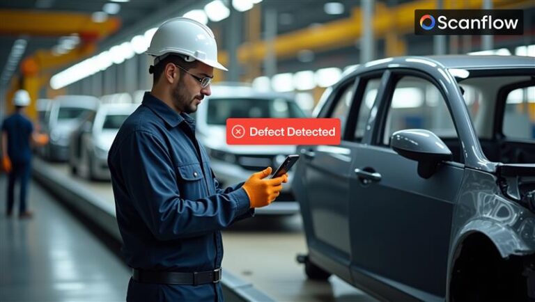 Engineer in a car manufacturing plant using a mobile device to identify a defect detected by Scanflow’s AI-based in-line quality control system