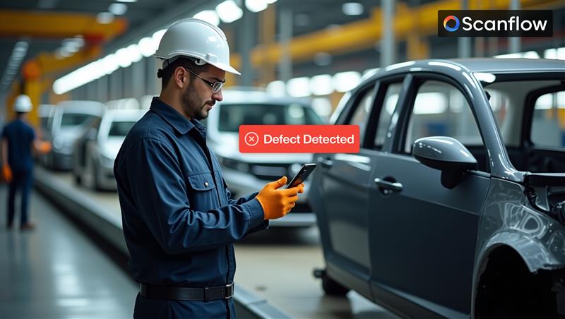 Engineer in a car manufacturing plant using a mobile device to identify a defect detected by Scanflow’s AI-based in-line quality control system