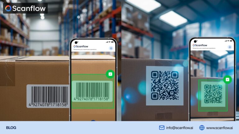 Scanflow mobile app scanning barcode and QR code on warehouse packages for asset identification and inventory management
