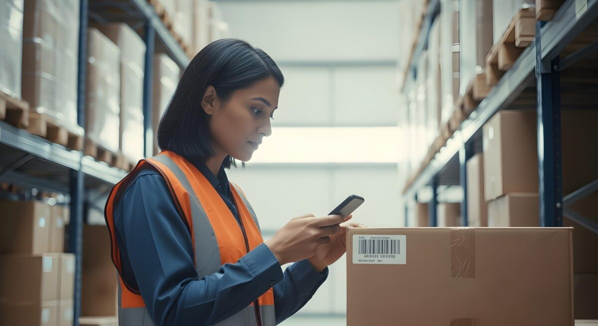 A warehouse operator uses a mobile device to scan a barcode label on a package, demonstrating Scanflow’s asset identification solution in a high-volume warehouse environment