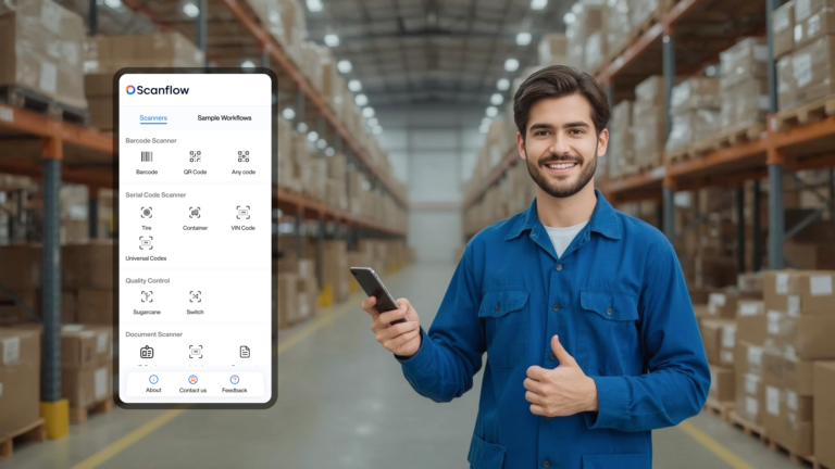 Scanflow mobile scanning app for logistics with barcode and QR code features, shown in a warehouse setting.