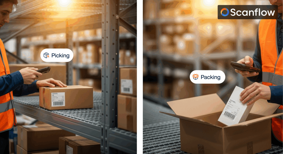 Warehouse worker using Mobile Device with Scanflow SDK for Pick and Pack process.