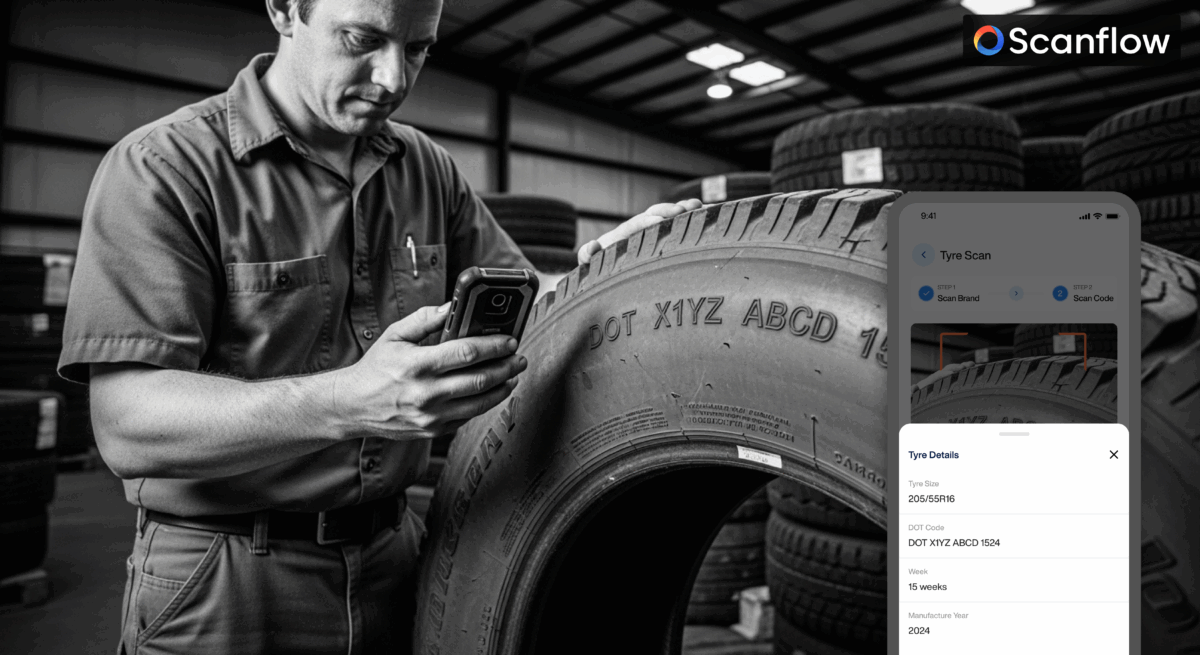 A close-up image of a tire showing its DOT code while the Scanflow mobile app performs Scarp tire scanning, displaying tire size, DOT number, manufacturing week, and year to support efficient tire recycling processes.