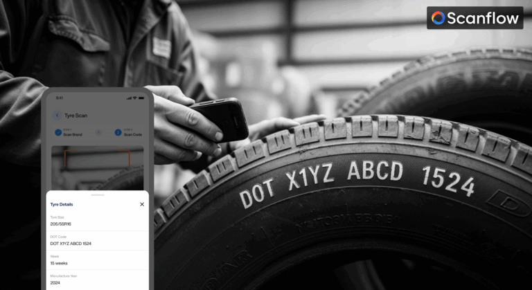 A close-up image of a tire showing its DOT code while the Scanflow mobile app performs Scarp tire scanning, displaying tire size, DOT number, manufacturing week, and year to support efficient tire recycling processes.