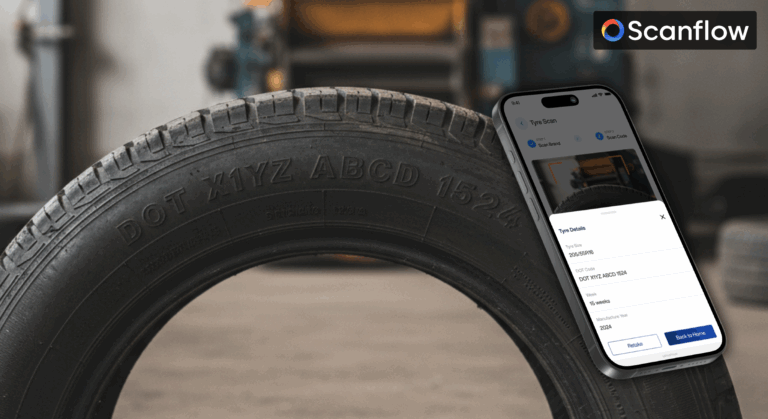 A close-up image of a tire showing its DOT code while the Scanflow mobile app performs Scarp tire scanning, displaying tire size, DOT number, manufacturing week, and year to support efficient tire recycling processes.