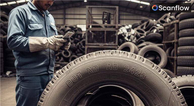 A close-up image of a tire showing its DOT code while the Scanflow mobile app performs Scarp tire scanning, displaying tire size, DOT number, manufacturing week, and year to support efficient tire recycling processes.