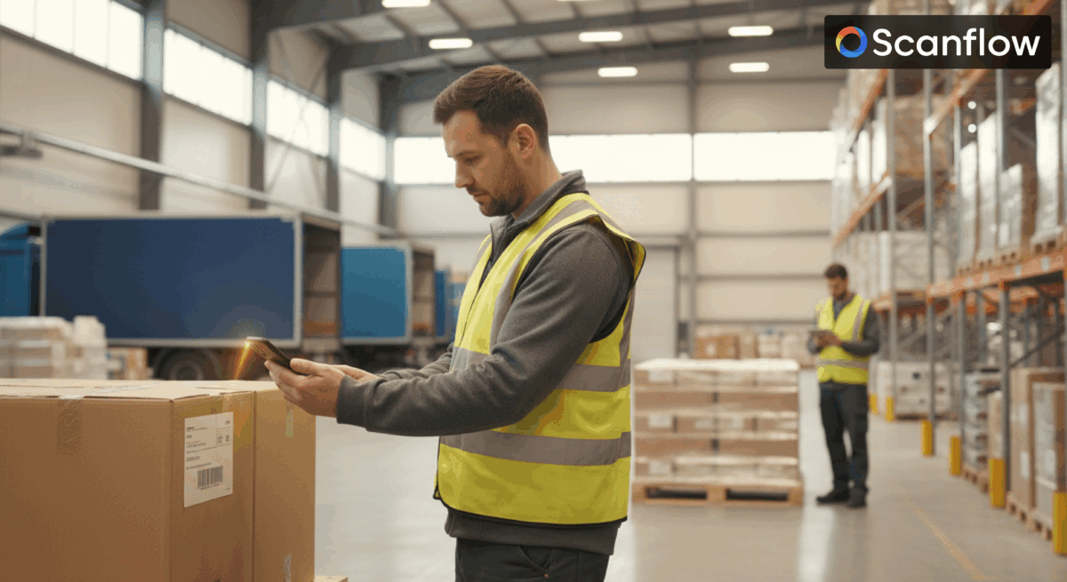 Warehouse worker using Scanflow AI scanning technology to capture package data in real time for automated compliance and inventory tracking, with another worker managing shipments in the background inside a modern logistics facility.