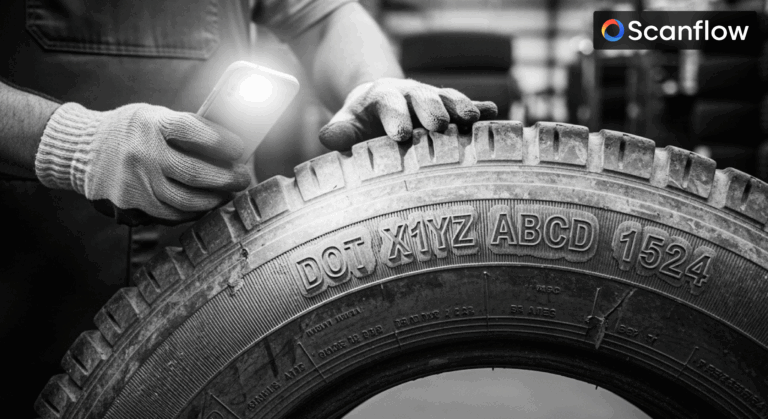 Technician scanning tire sidewall DOT code using mobile device for automated tire data capture and traceability with Scanflow smart manufacturing technology.