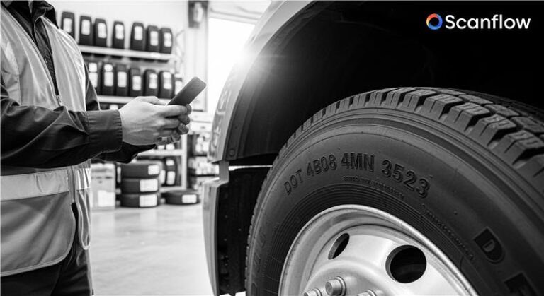 A retail shop worker using Smartphone with Scanflow tire sidewall scanner app to capture TIN/DOT, size and brand from the tire at Tire shop