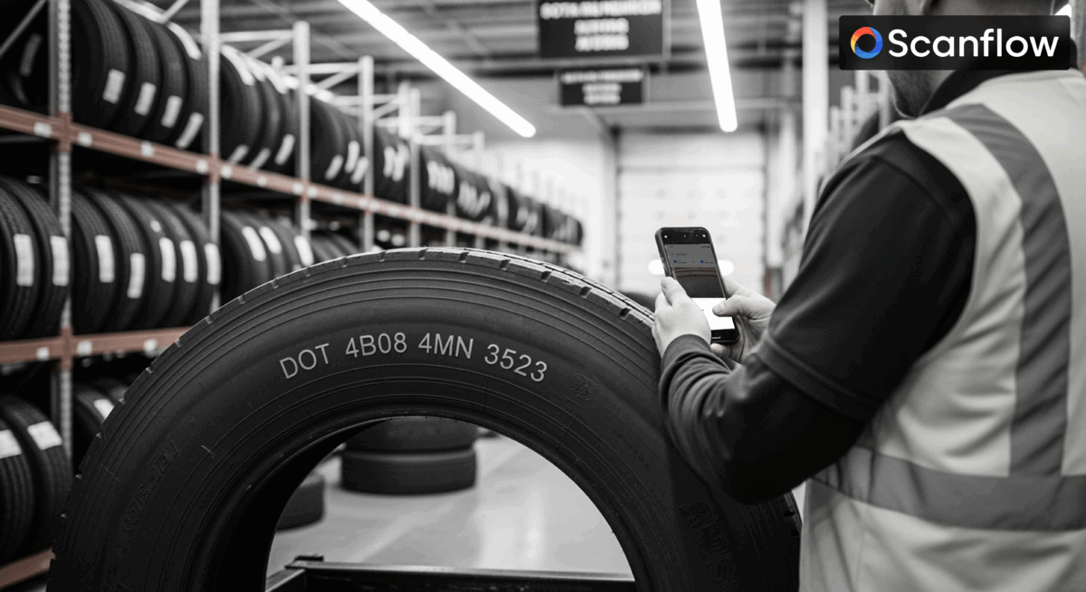 A worker in Tire distribution warehouse using Mobile with Scanflow Track and trace App to scan tire sidewall wall for tracebility and pick and pack