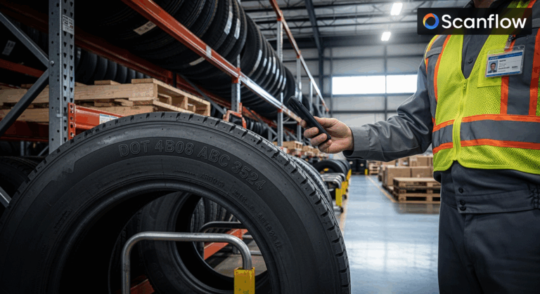 A worker in Tire distribution warehouse using Mobile with Scanflow Track and trace App to scan tire sidewall wall for tracebility and pick and pack