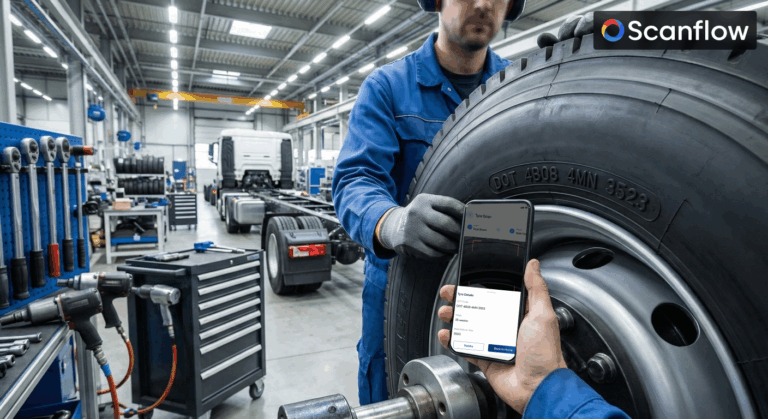 Technician in an automotive assembly workshop scanning a truck tire’s sidewall using a smartphone powered by Scanflow AI vision technology, capturing DOT, TIN, and tire details for automated fitment verification.
